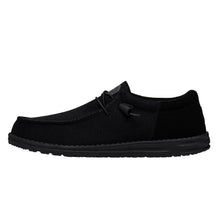 Load image into Gallery viewer, A single black sneaker with a textile upper and elastic laces, featuring a lightweight outsole and a removable foam insole.