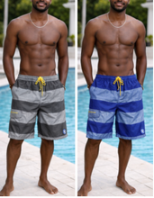 Load image into Gallery viewer, Two images of a person wearing striped swim shorts by a pool.