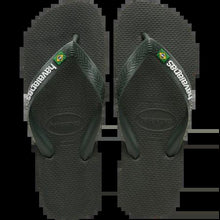 Load image into Gallery viewer, A pair of dark green Havaianas flip-flops featuring the brand name and a small Brazilian flag on the straps