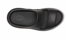 Load image into Gallery viewer, Black sandal with brand logo on a white background