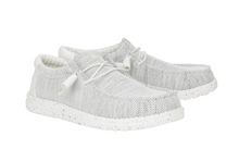 Load image into Gallery viewer, A pair of light gray knit slip-on shoes with white laces and speckled white soles, shown against a plain white background.