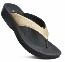 Load image into Gallery viewer, Black sandal with gold insole on a white background