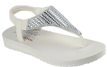 Load image into Gallery viewer, A white Skechers Cali Glamorous Muse sandal with rhinestone embellishments on the strap and a cushioned Yoga Foam footbed.