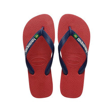 Load image into Gallery viewer, Red Havaianas flip-flops with dark blue textured straps displaying the white Havaianas logo and a small Brazilian flag detail
