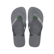 Load image into Gallery viewer, Havaianas grey rubber flip-flops displaying the white Havaianas logo and a small Brazilian flag on the strap with an embossed Havaianas logo on the textured footbed