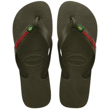 Load image into Gallery viewer, Dark olive green Havaianas flip-flops with red branding and a small Brazilian flag emblem on the textured straps