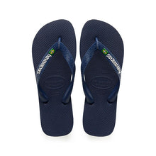 Load image into Gallery viewer, Havaianas product photography a pair of dark blue rubber flip-flops featuring white brand lettering and a small Brazilian flag emblem on the textured straps and soles