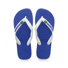 Load image into Gallery viewer, Havaianas brand blue rubber flip-flops with white textured straps featuring the iconic Havaianas logo and a small Brazilian flag emblem