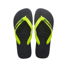 Load image into Gallery viewer, A pair of black Havaianas flip-flops with textured soles, bright neon yellow straps featuring the Havaianas logo and a small Brazilian flag icon, with the brand name embossed on the heel