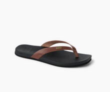 Load image into Gallery viewer, Black sandal with brown strap on a white background
