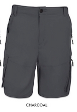 Load image into Gallery viewer, Gray cargo shorts with multiple pockets on a black background
