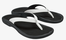 Load image into Gallery viewer, white strap flip flop and logo with black sole and white  back ground
