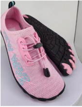 Load image into Gallery viewer, A pair of pink water shoes with a breathable knit upper, pink laces, and a black sole with a distinctive toe-shaped tread, shown on a white surface.
