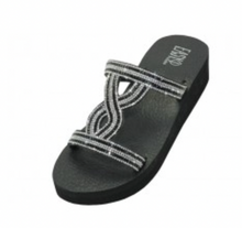 Load image into Gallery viewer, A black wedge sandal with a rhinestone design on the straps, made of PVC.
