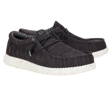 Load image into Gallery viewer, Pair of black knit shoes with white soles on a white background
