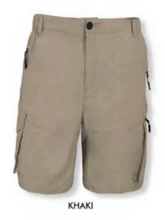 Load image into Gallery viewer, Khaki colored board shorts with multiple pockets and a drawstring waist, branded by BANANA BOAT.
