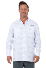 Load image into Gallery viewer, Man wearing a white long-sleeve shirt with a logo on a white background

