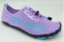 Load image into Gallery viewer, A purple New Wave water shoe with a mesh upper, light blue logo text, and a black sole, shown on a plain light background.
