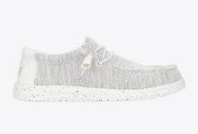 Load image into Gallery viewer, A light gray and white knit slip-on shoe with white laces and a speckled white sole, shown from a side profile on a light gray background.
