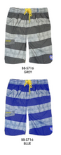 Load image into Gallery viewer, A pair of striped banana boat swim shorts, with a drawstring at the waist, displayed in blue and gray colors. The product labeling indicates the swim shorts are 'BB-S716' and the color is 'GREY'.
