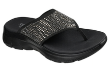 Load image into Gallery viewer, Black sandal with rhinestone embellishments on a white background
