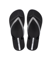 Load image into Gallery viewer, Black flip-flops with silver straps on a white background
