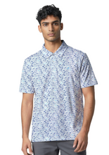 Load image into Gallery viewer, Man wearing a patterned blue and white polo shirt on a white background

