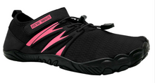 Load image into Gallery viewer, A pair of black and pink women's water shoes with a textured sole and a pink zipper.

